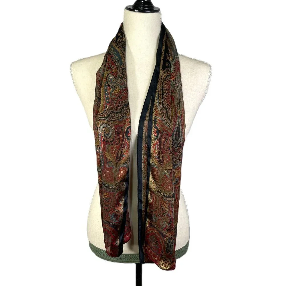 Echo Silk Scarf Paisley Oblong Rectangle 54"x11" Maroon Red Blue Taupe Black - Picture 4 of 10